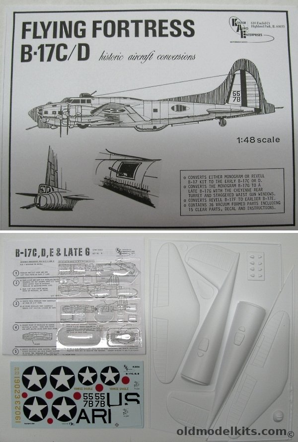 Koster 1/48 B-17C / B-17D / B-17E or late B-17G Conversion  With Decals - with Cheyenne Turret and Staggered Waist Windows (For Revell or Monogram B-17s) plastic model kit